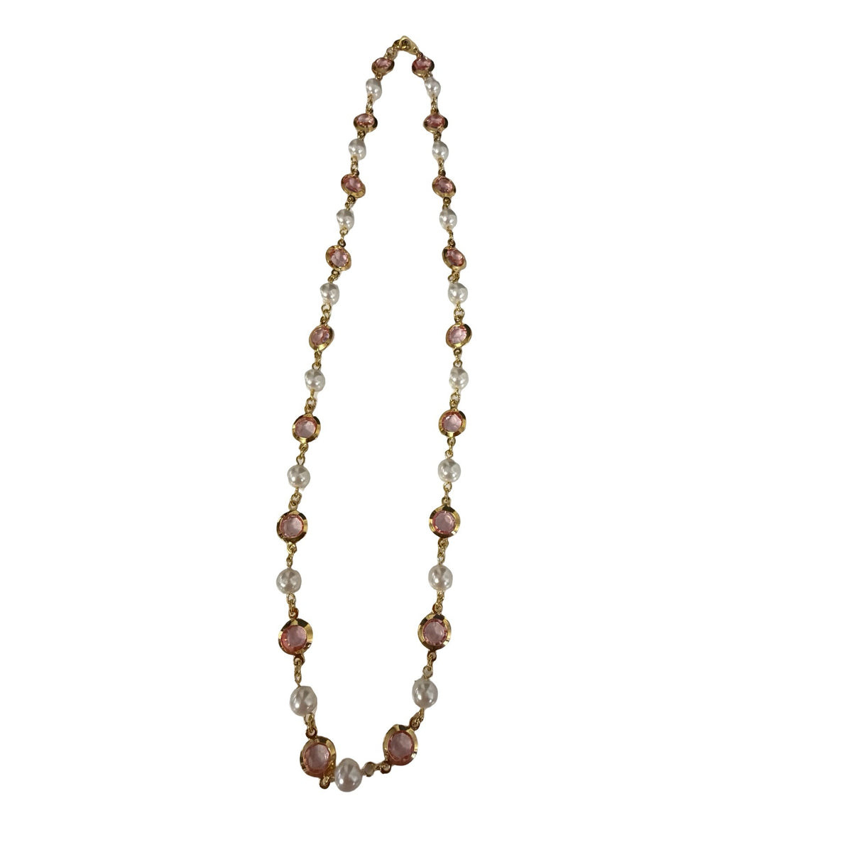 Vintage Pink Rhinestone Faux Pearl Gold Tone Station Necklace 22 Inch