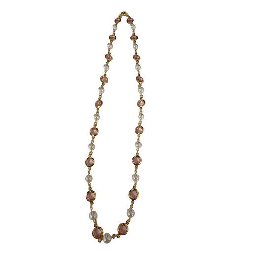 Vintage Pink Rhinestone Faux Pearl Gold Tone Station Necklace 22 Inch