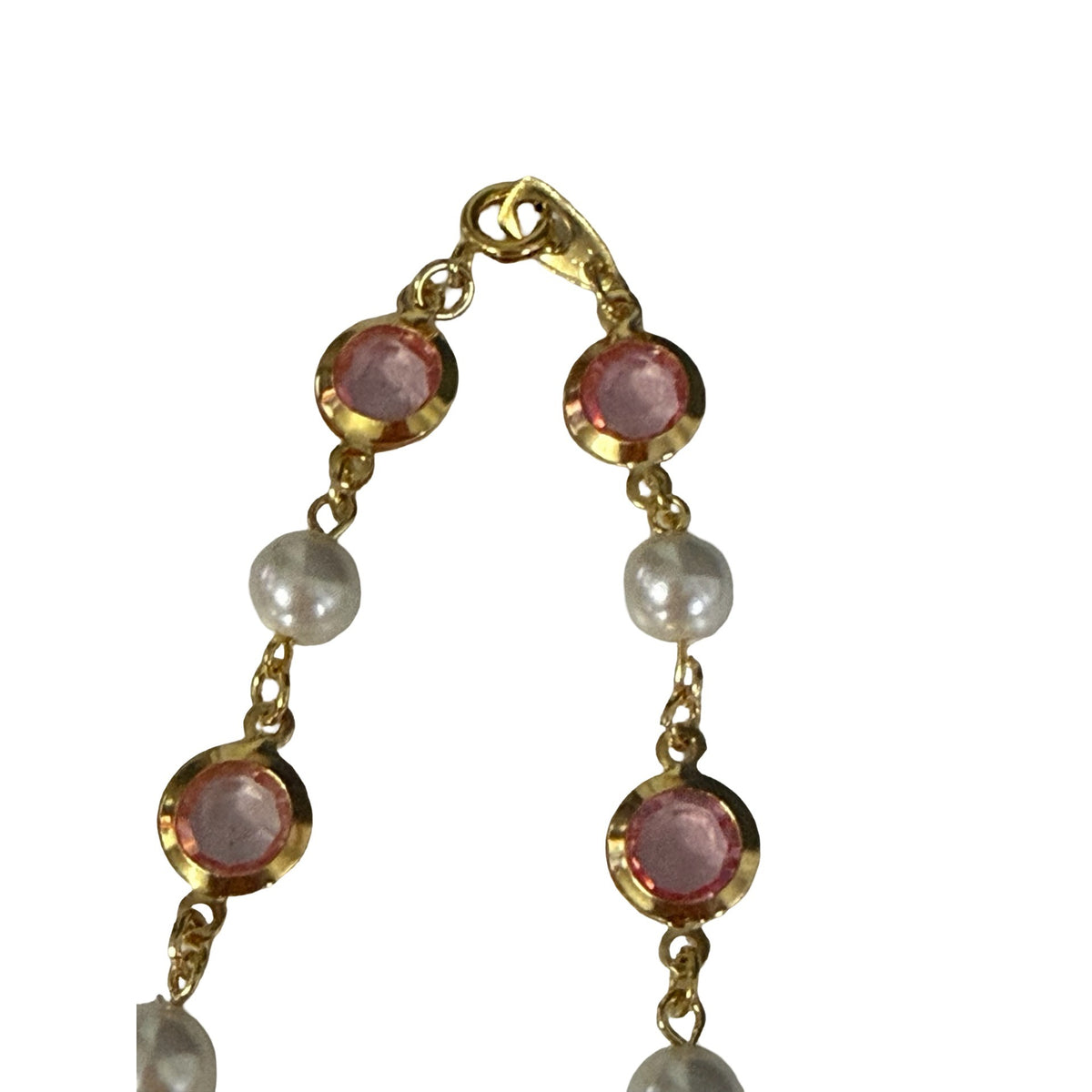 Vintage Pink Rhinestone Faux Pearl Gold Tone Station Necklace 22 Inch