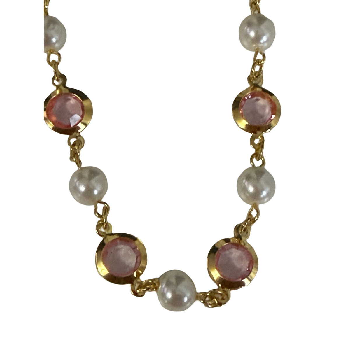 Vintage Pink Rhinestone Faux Pearl Gold Tone Station Necklace 22 Inch