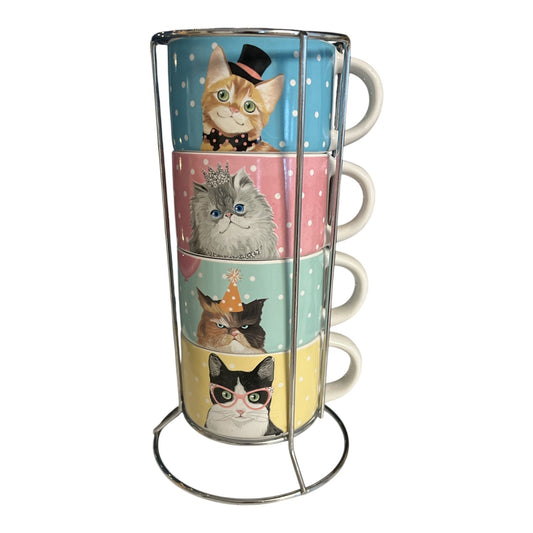 Pier 1 Imports Stackable Cat Mugs Set of 4 with Metal Rack – Polka Dot Pastels – Whimsical Feline Art