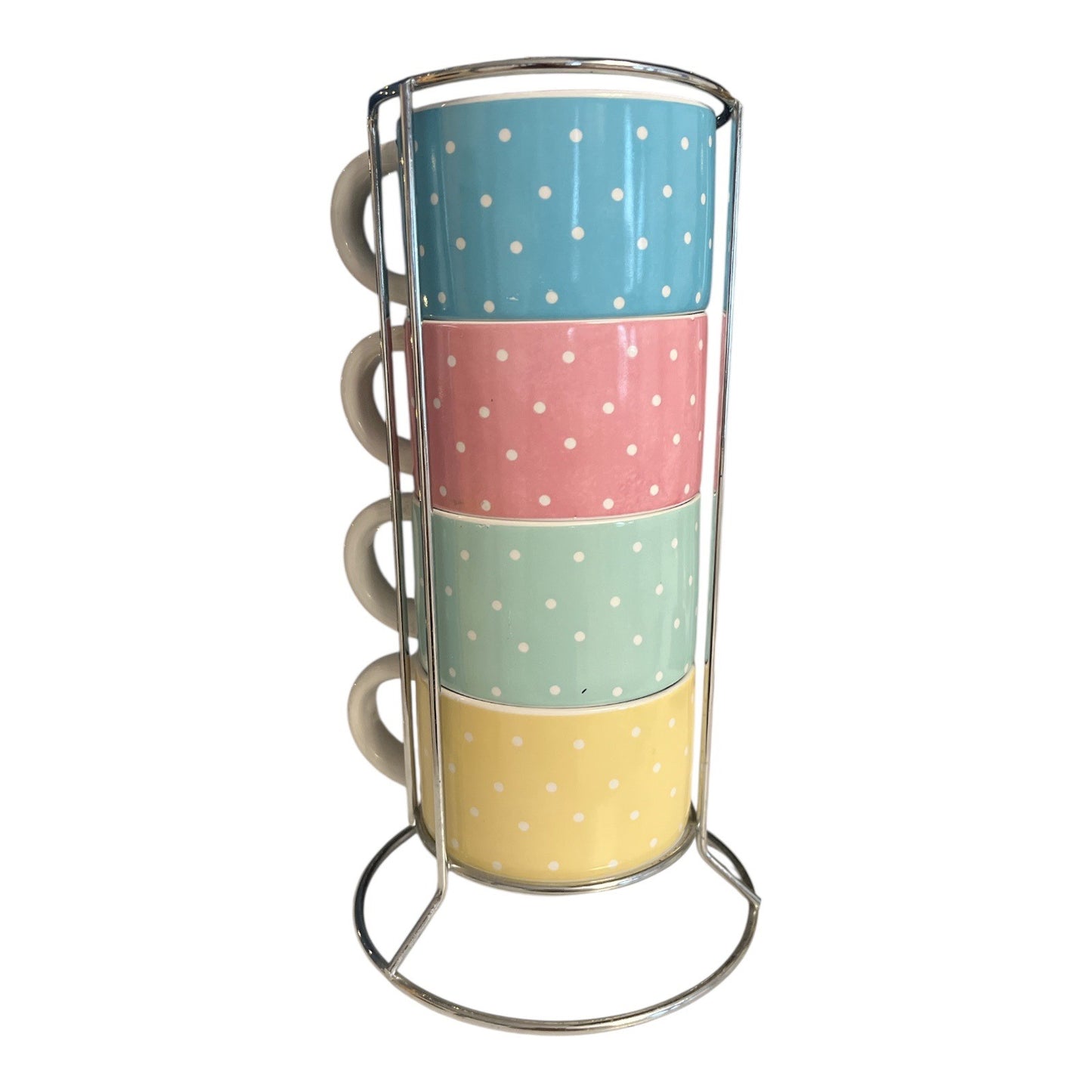Pier 1 Imports Stackable Cat Mugs Set of 4 with Metal Rack – Polka Dot Pastels – Whimsical Feline Art