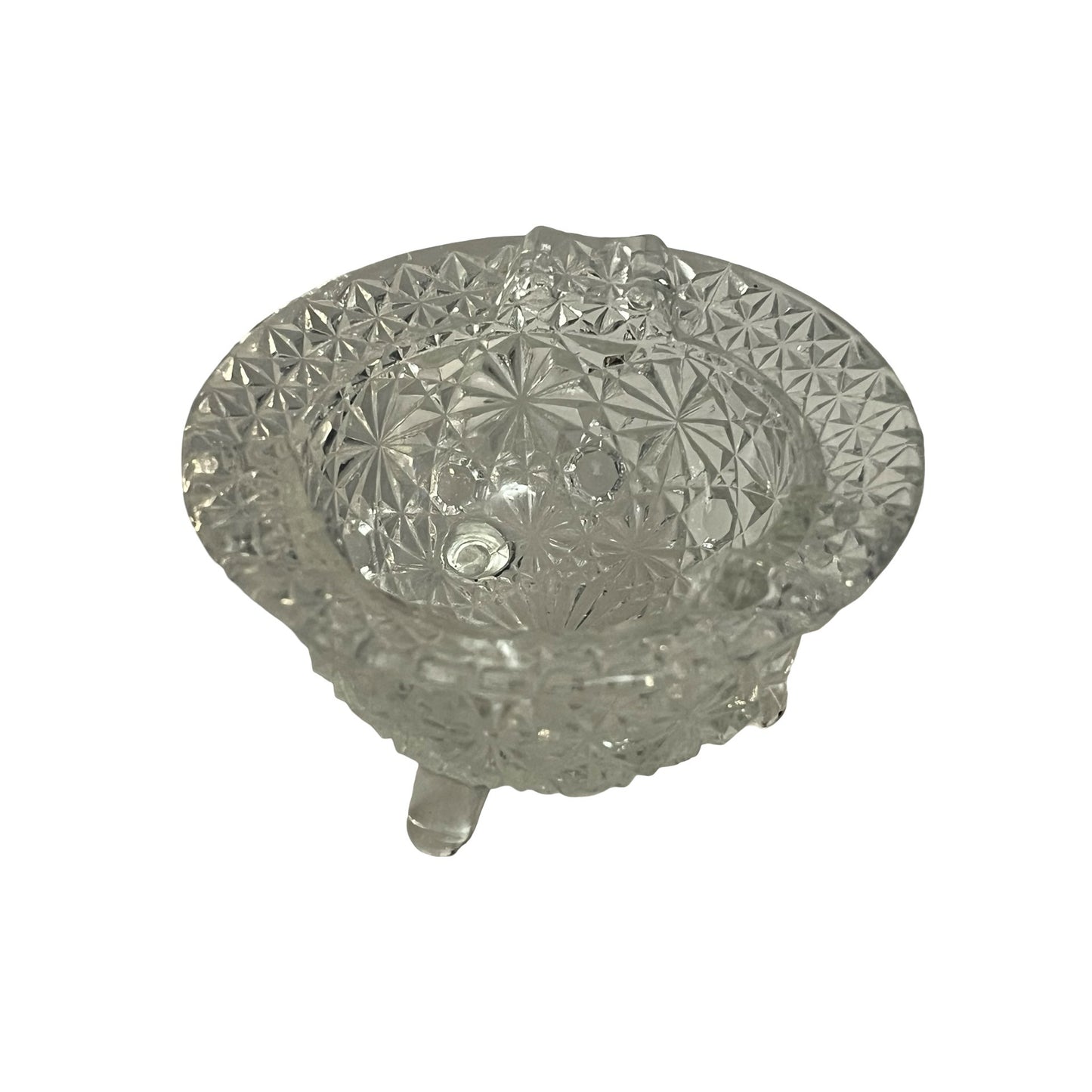 Vintage Pressed Glass Footed Ashtray 3 Cigarette Wells Floral Pattern Clear Glass