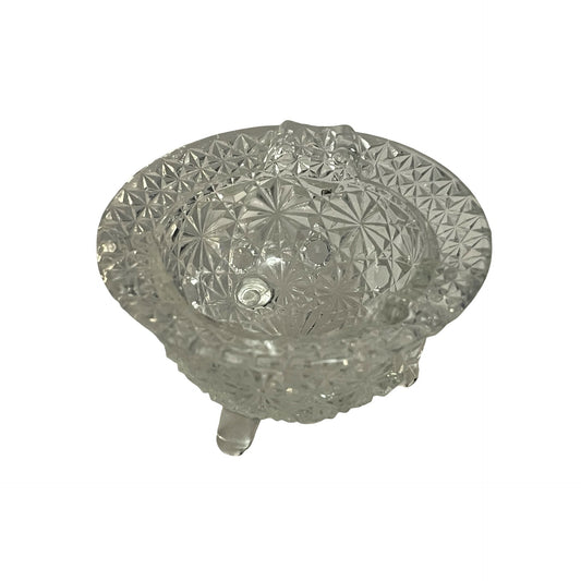 Vintage Pressed Glass Footed Ashtray 3 Cigarette Wells Floral Pattern Clear Glass