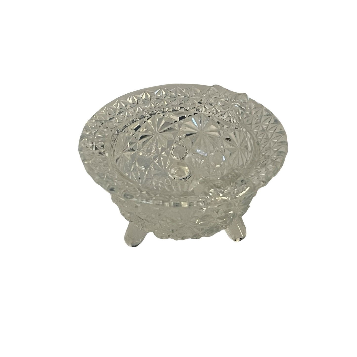 Vintage Pressed Glass Footed Ashtray 3 Cigarette Wells Floral Pattern Clear Glass