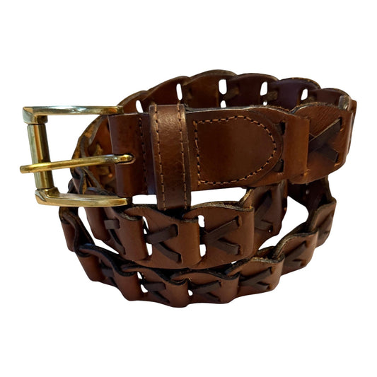 Vintage Genuine Leather Woven Brown Belt Brass Buckle Made in India Size Medium 36"