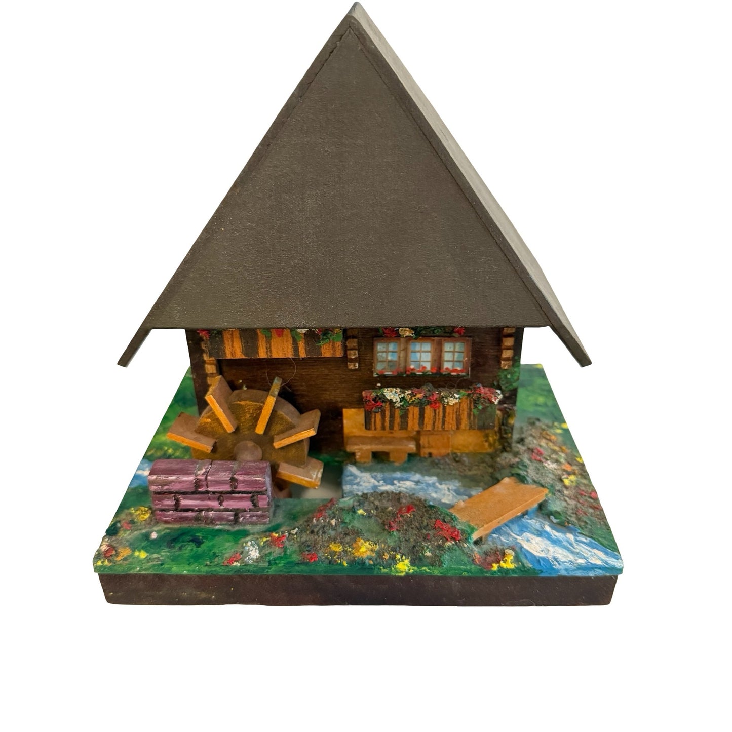 Vintage Reuge Swiss Musical Black Forest Mill Cottage Trinket Box Music Box Wood Chalet