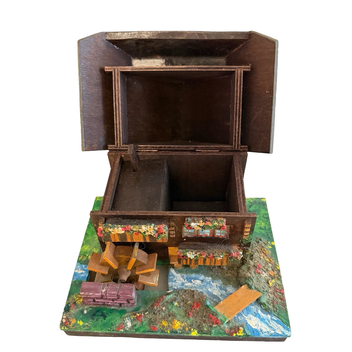 Vintage Reuge Swiss Musical Black Forest Mill Cottage Trinket Box Music Box Wood Chalet