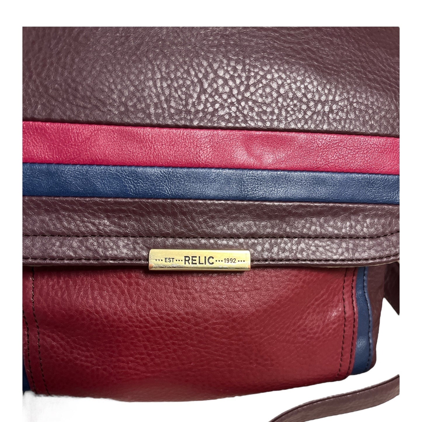 Relic by Fossil Crossbody Bag – Colorblock Faux Leather – Burgundy, Red & Blue – Adjustable Strap – READ