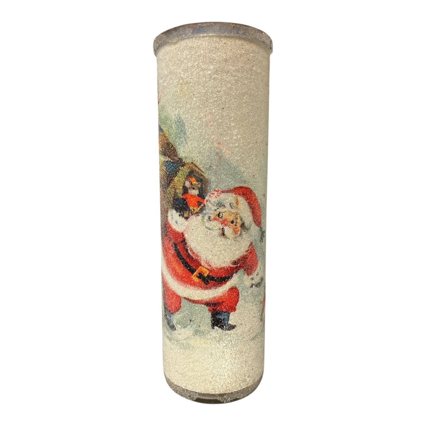 Vintage Christmas Santa Glass Candle Cylinder Holiday Scene Spun Glass Style