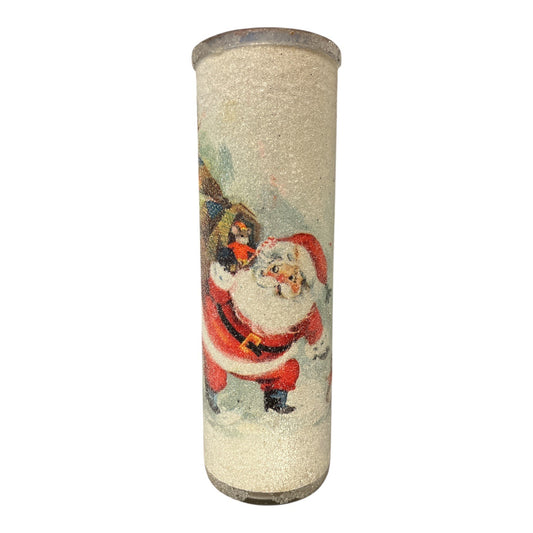 Vintage Christmas Santa Glass Candle Cylinder Holiday Scene Spun Glass Style