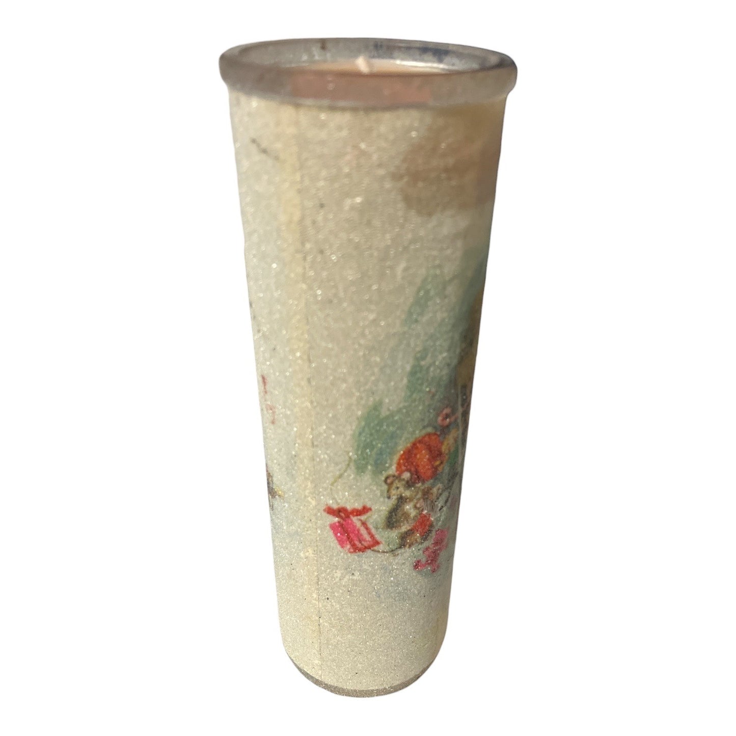 Vintage Christmas Santa Glass Candle Cylinder Holiday Scene Spun Glass Style