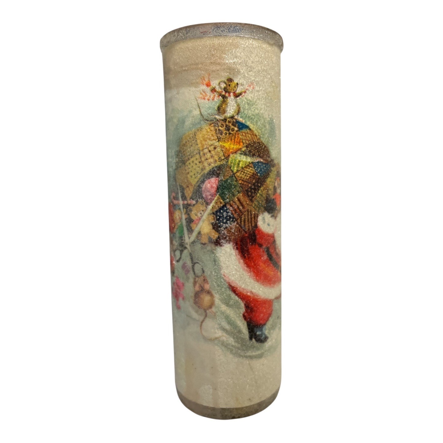 Vintage Christmas Santa Glass Candle Cylinder Holiday Scene Spun Glass Style