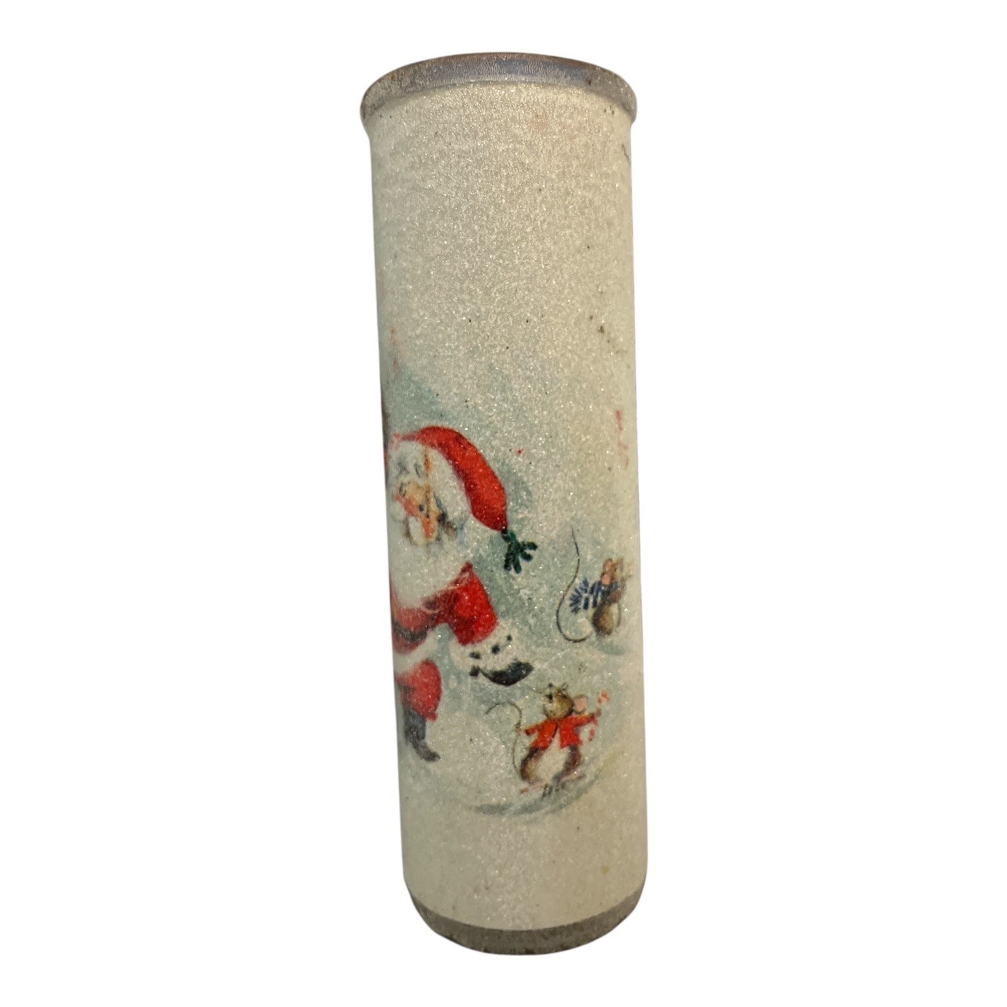Vintage Christmas Santa Glass Candle Cylinder Holiday Scene Spun Glass Style