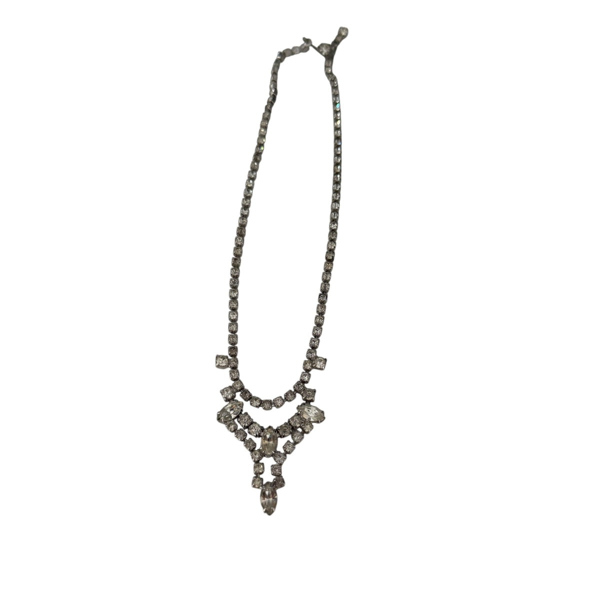 Vintage 1950s Clear Rhinestone Festoon Bib Necklace Silver Tone 14 Inch