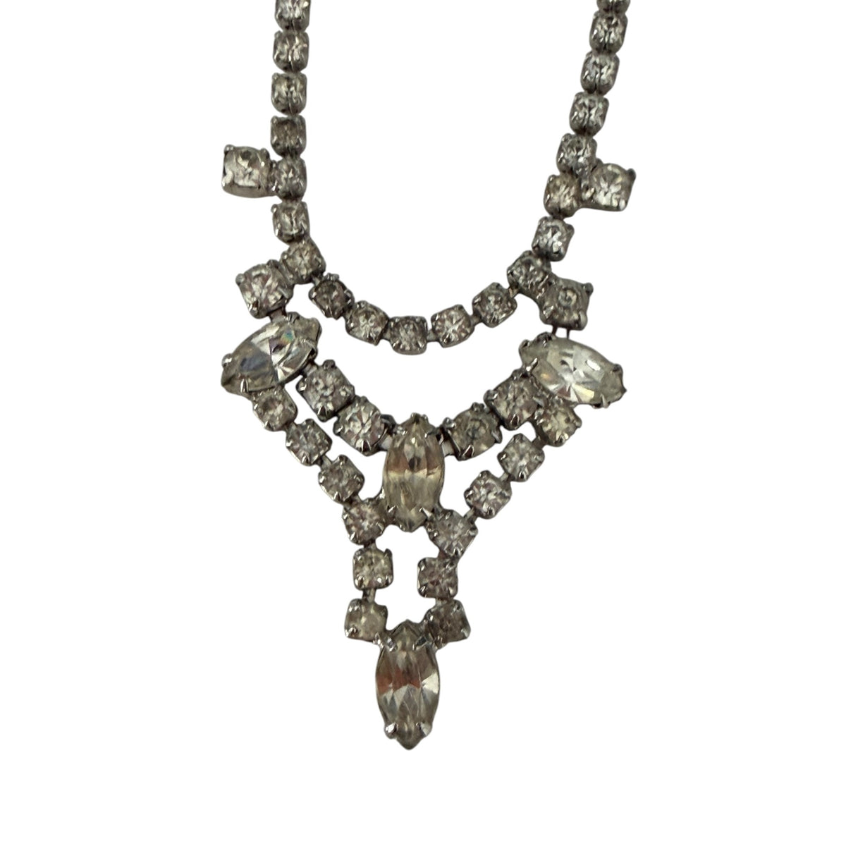 Vintage 1950s Clear Rhinestone Festoon Bib Necklace Silver Tone 14 Inch