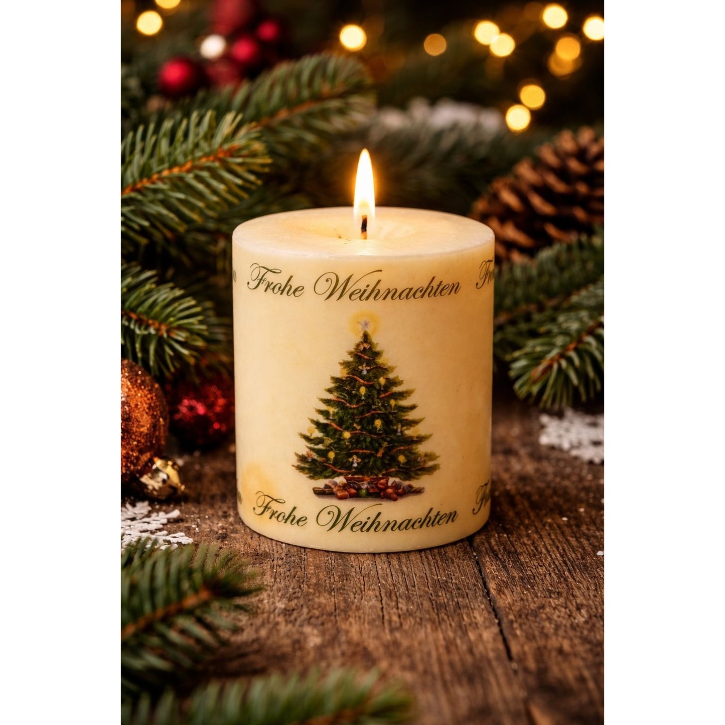 German Christmas Candle Frohe Weihnachten Tree Pillar Candle 3 Inch Made in EU