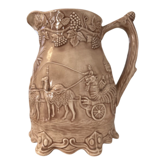 Vintage 1964 Signed Studio Pottery Pitcher Relief Caravan Elephant Camel Scene