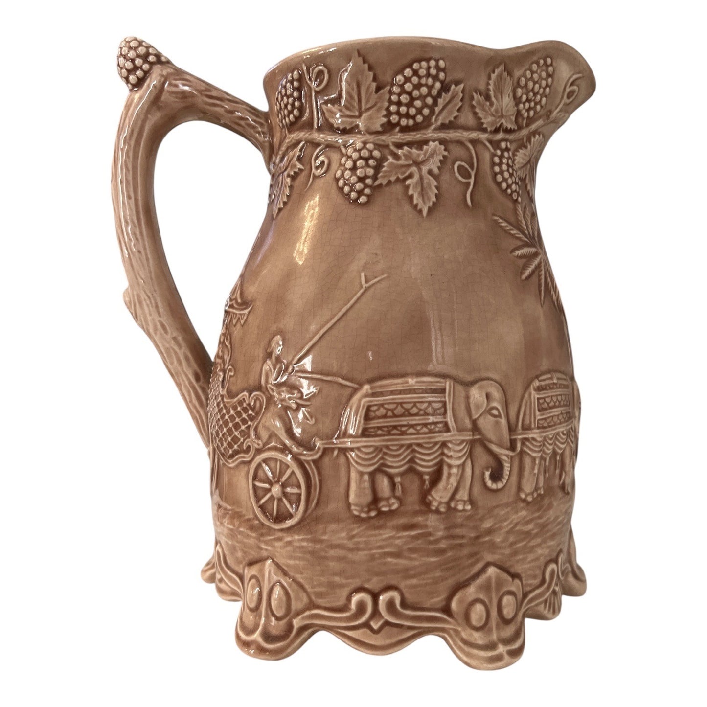 Vintage 1964 Signed Studio Pottery Pitcher Relief Caravan Elephant Camel Scene