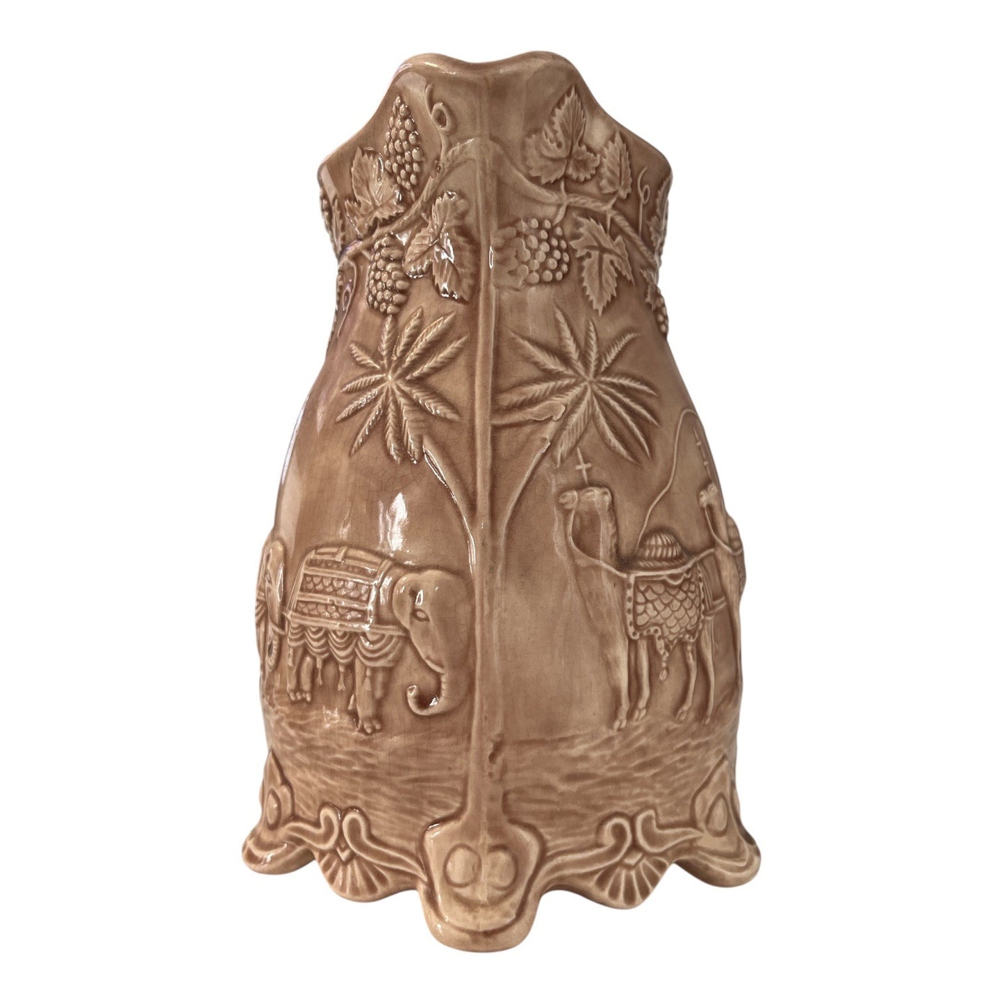 Vintage 1964 Signed Studio Pottery Pitcher Relief Caravan Elephant Camel Scene