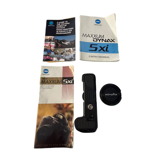 Vintage Minolta Maxxum Dynax 5xi Camera Manuals AE-300 Grip Lens Cap Brochure Lot