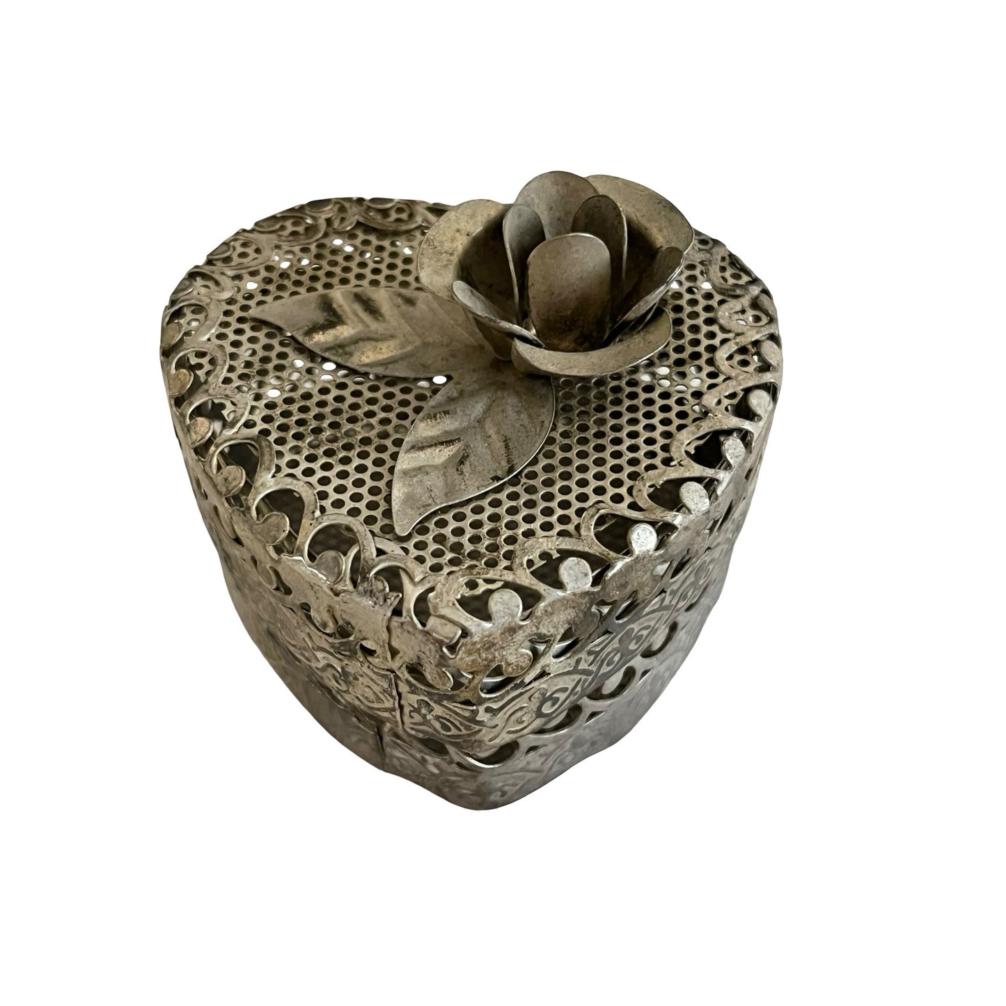 Vintage Heart Trinket Box Silver Tone Pierced Metal Floral Lid Jewelry Box 1970s 1980s