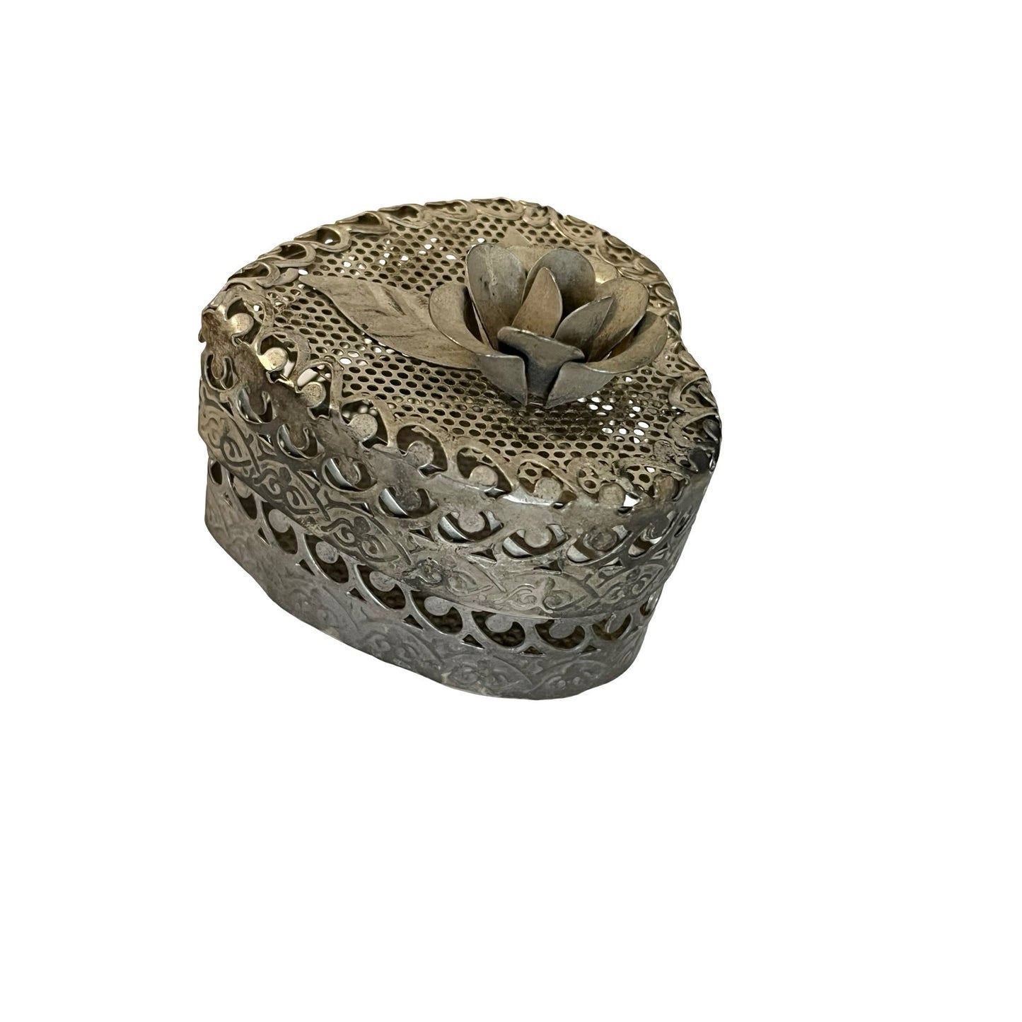 Vintage Heart Trinket Box Silver Tone Pierced Metal Floral Lid Jewelry Box 1970s 1980s