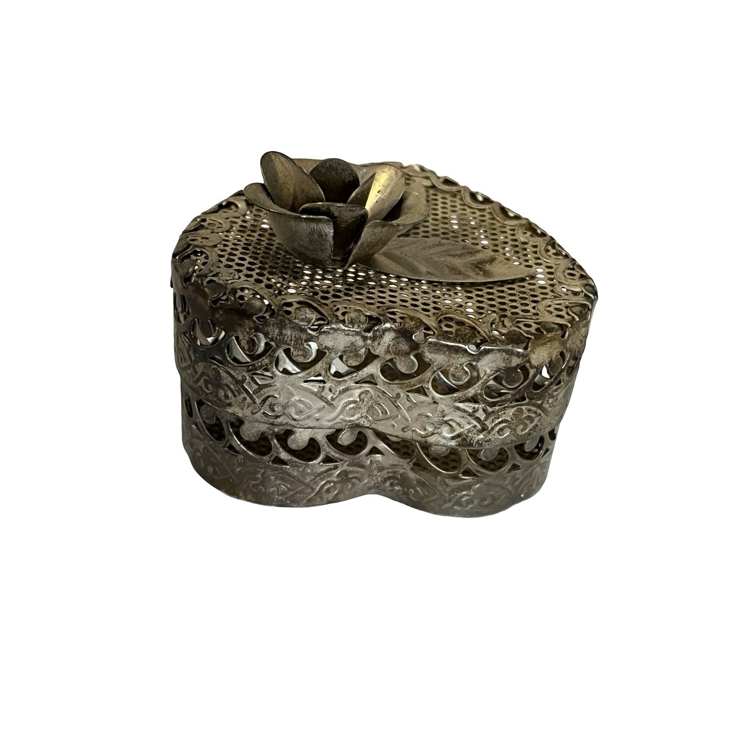 Vintage Heart Trinket Box Silver Tone Pierced Metal Floral Lid Jewelry Box 1970s 1980s