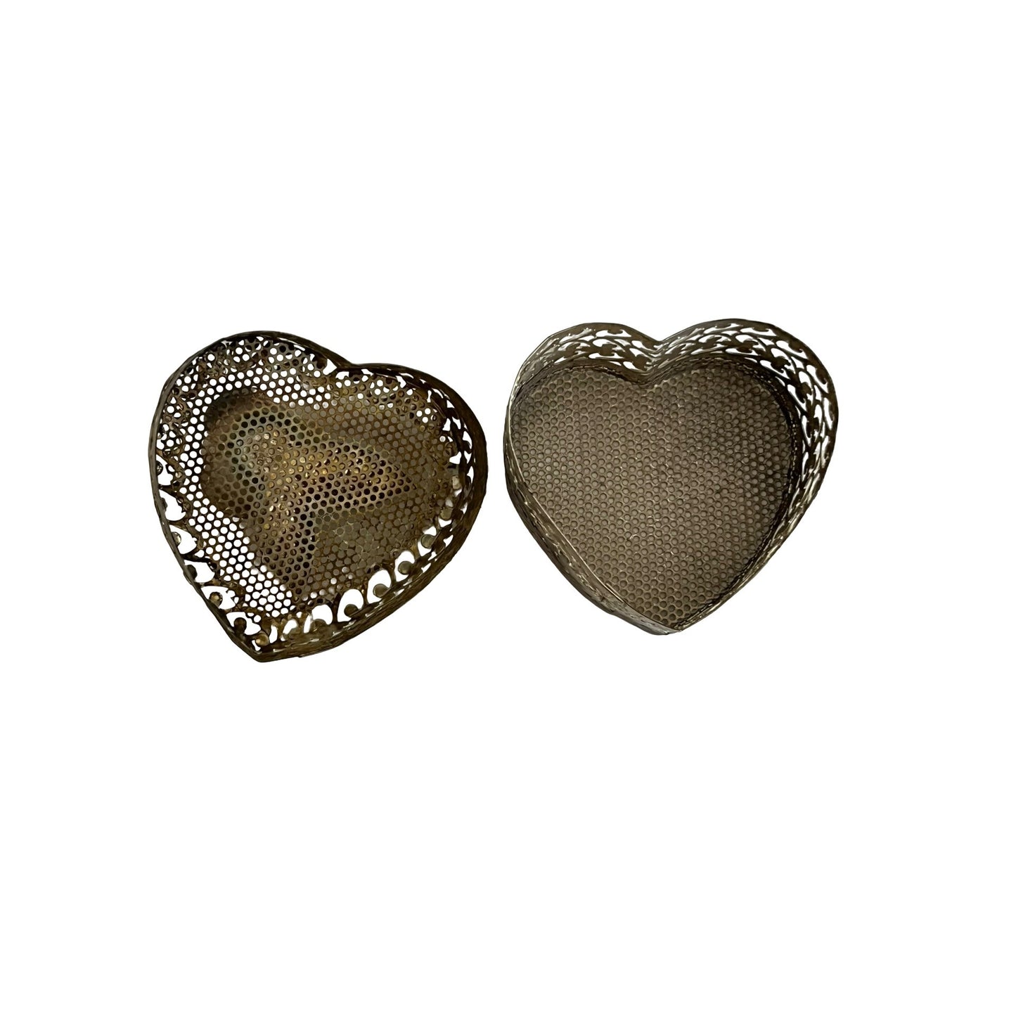 Vintage Heart Trinket Box Silver Tone Pierced Metal Floral Lid Jewelry Box 1970s 1980s