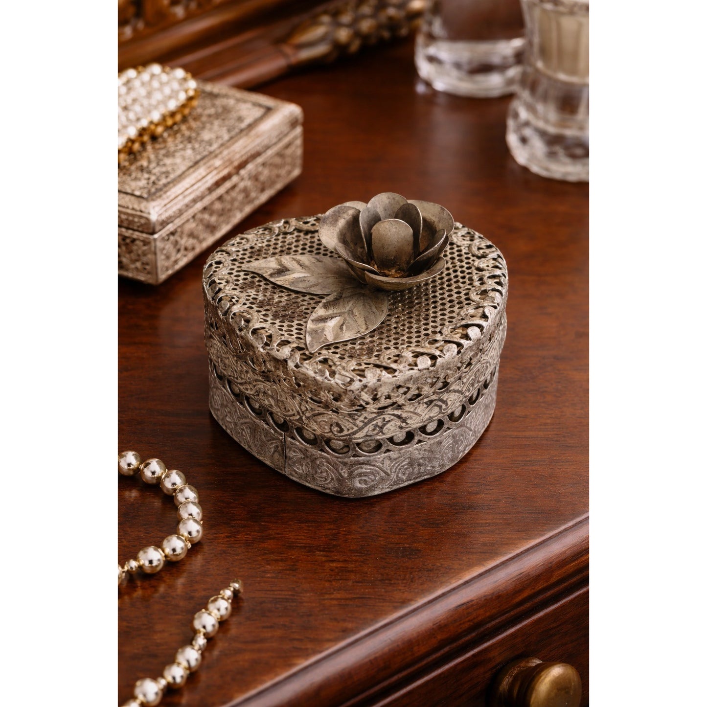 Vintage Heart Trinket Box Silver Tone Pierced Metal Floral Lid Jewelry Box 1970s 1980s