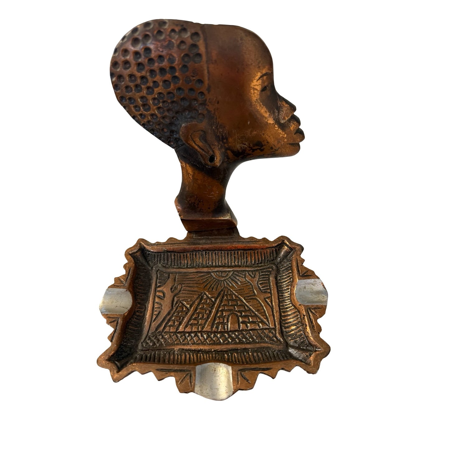Vintage African Bust Ashtray Egyptian Pyramid Design Cast Metal 6x6