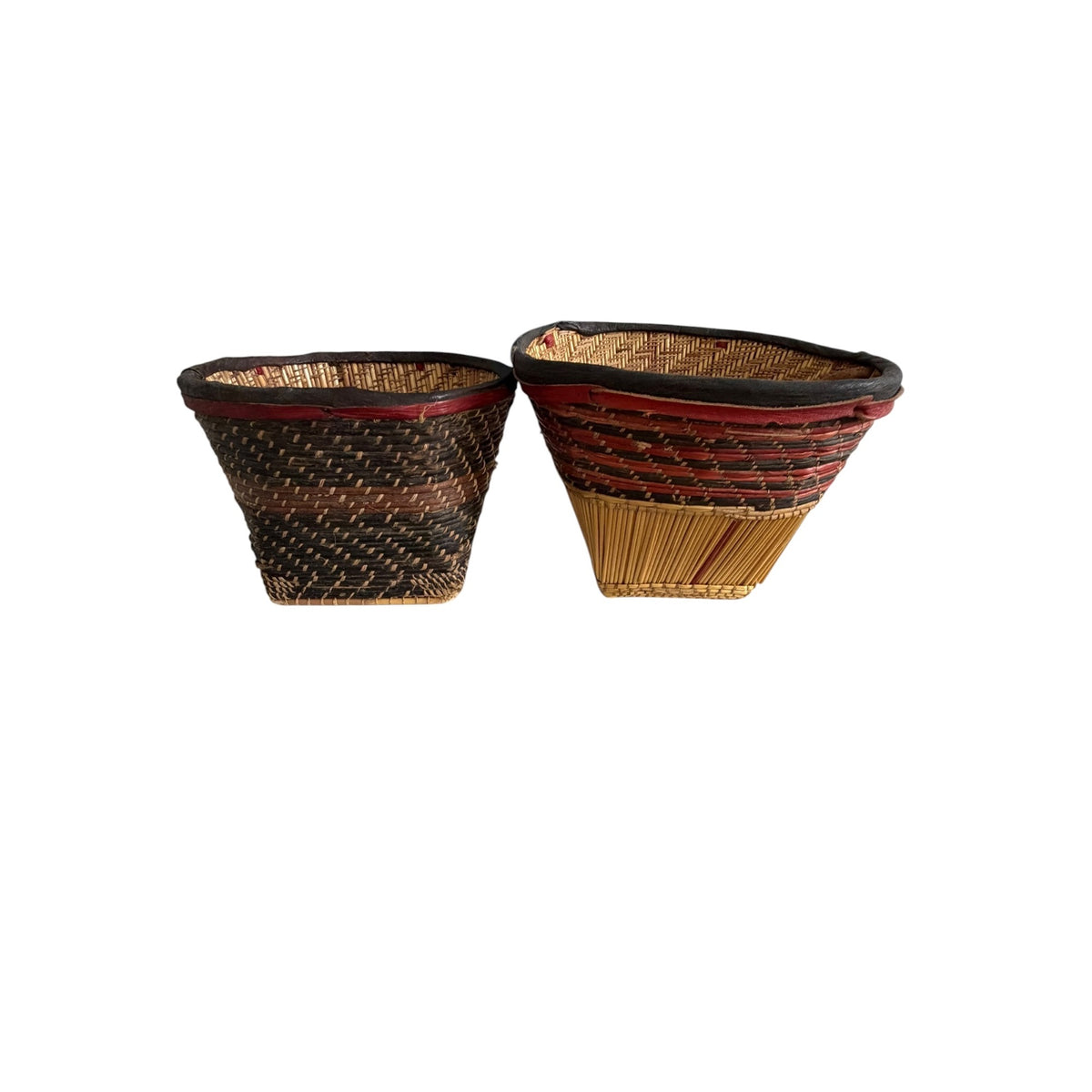 Vintage African Woven Reed Raffia Baskets Pair Red Leather Accents 7 Inch