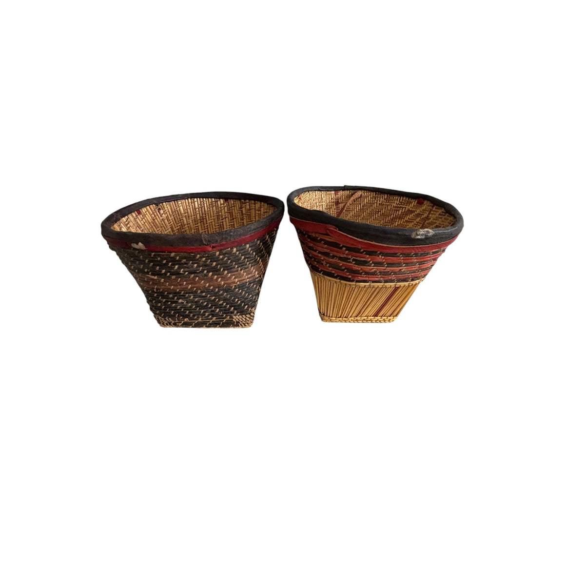Vintage African Woven Reed Raffia Baskets Pair Red Leather Accents 7 Inch