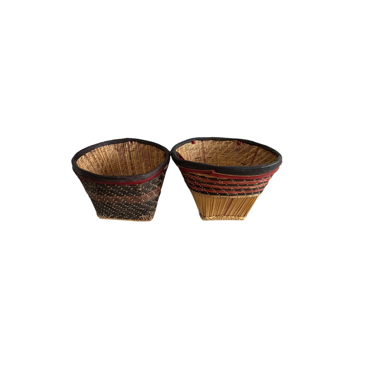Vintage African Woven Reed Raffia Baskets Pair Red Leather Accents 7 Inch