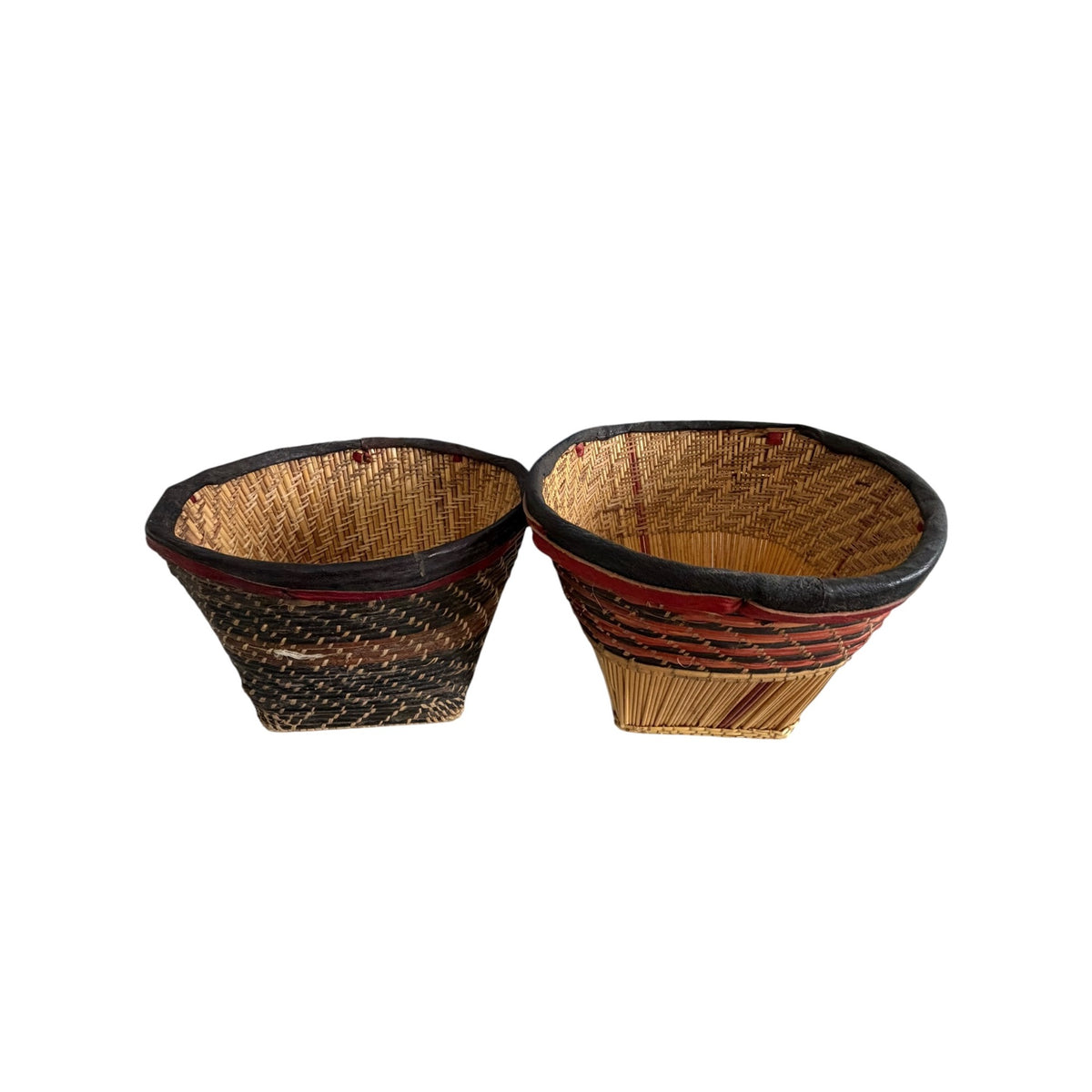 Vintage African Woven Reed Raffia Baskets Pair Red Leather Accents 7 Inch