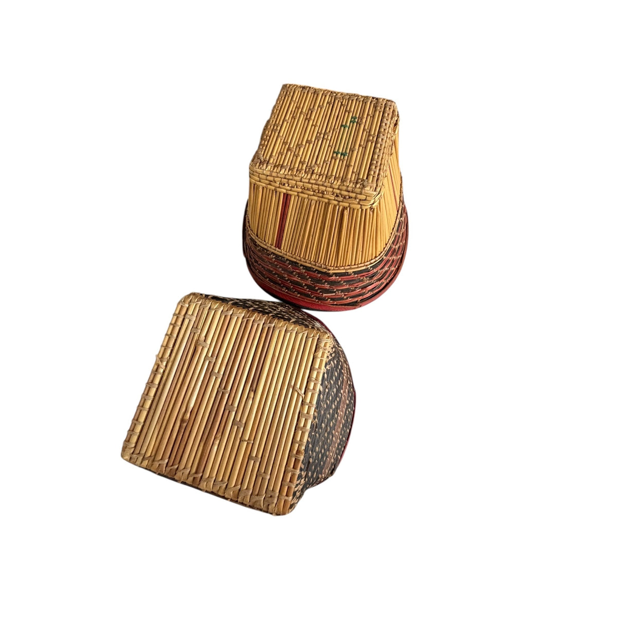 Vintage African Woven Reed Raffia Baskets Pair Red Leather Accents 7 Inch