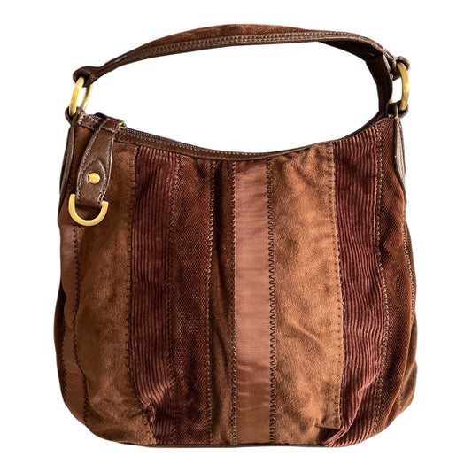 Vintage Tommy Hilfiger Patchwork Shoulder Bag Brown Corduroy Suede Leather Trim Hobo