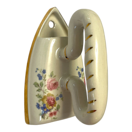 Vintage Ceramic Flat Iron Wall Pocket – Floral & Gold Trim – Edwardian Kitchen Garden Style