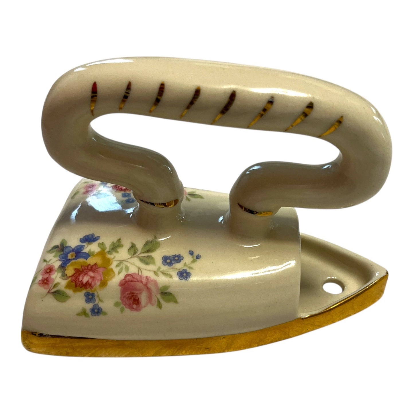 Vintage Ceramic Flat Iron Wall Pocket – Floral & Gold Trim – Edwardian Kitchen Garden Style