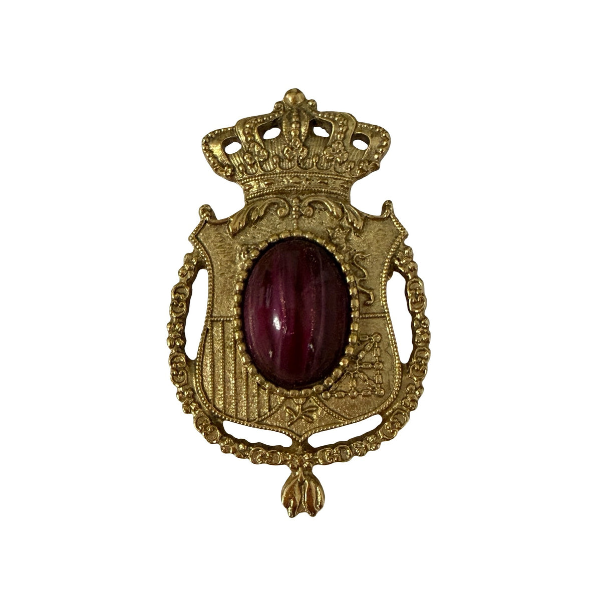 Vintage Gold Tone Heraldic Crown Shield Brooch Burgundy Cabochon Royal Crest Pin 1.75 Inch