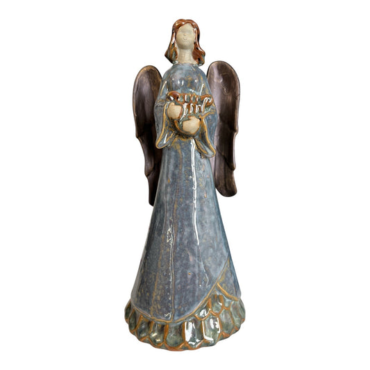 VTG Blue Ceramic Angel Figurine Hand Glazed Wings Holding Heart