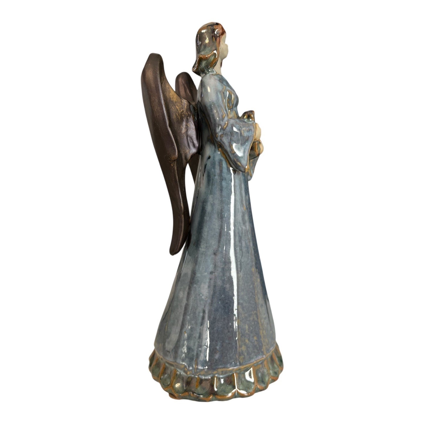 VTG Blue Ceramic Angel Figurine Hand Glazed Wings Holding Heart