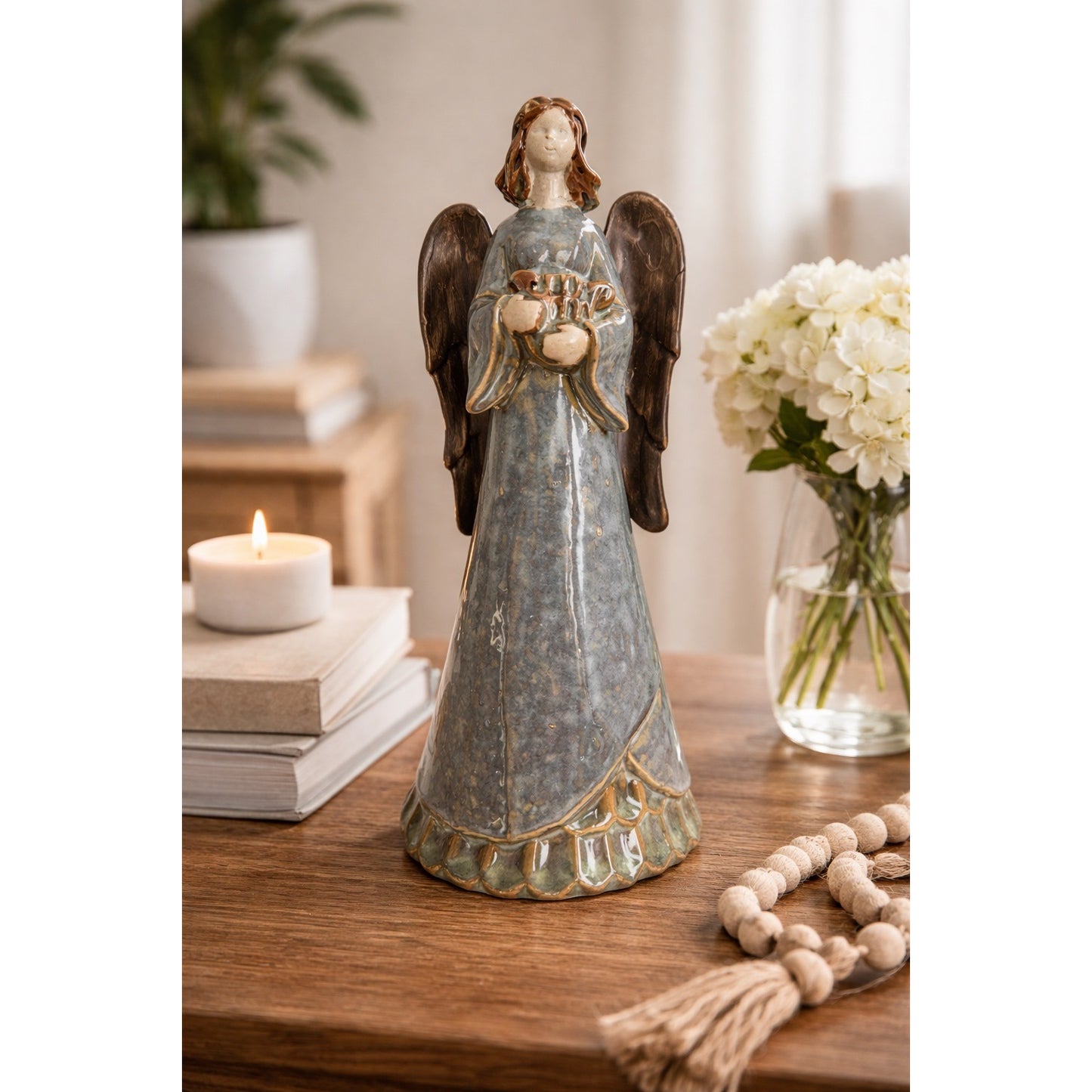 VTG Blue Ceramic Angel Figurine Hand Glazed Wings Holding Heart