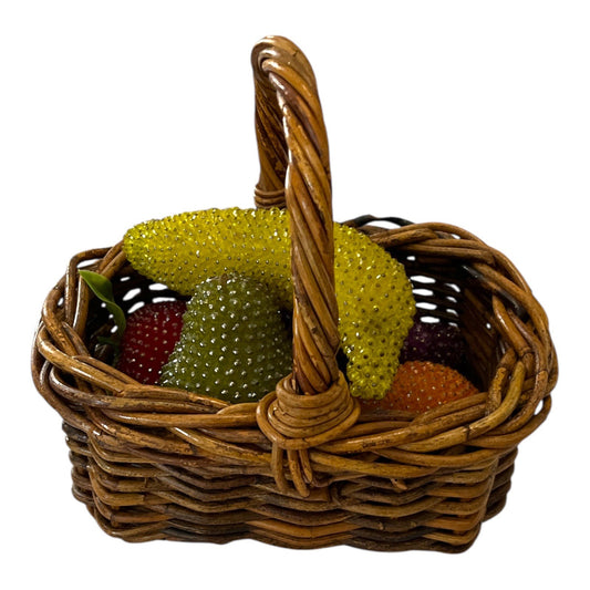 VTG Beaded Faux Fruit Set in Wicker Basket – 6-Piece Decorative Display