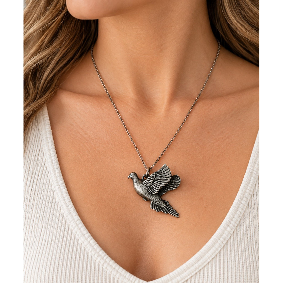 Vintage Flying Dove Pendant Necklace Nakagawa Marked Chain Silver Tone 16 Inch