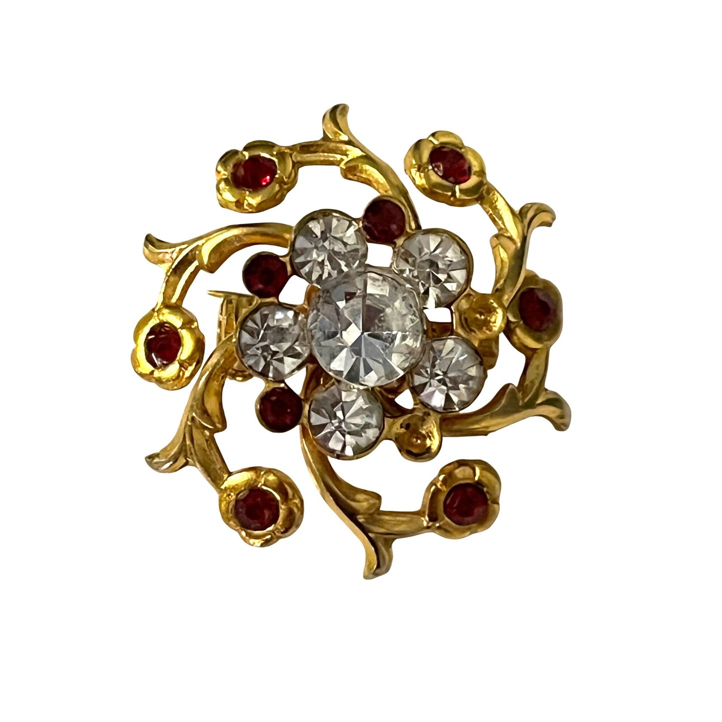 Vintage Gold Tone Floral Rhinestone Brooch Red Clear Crystal Pin Statement