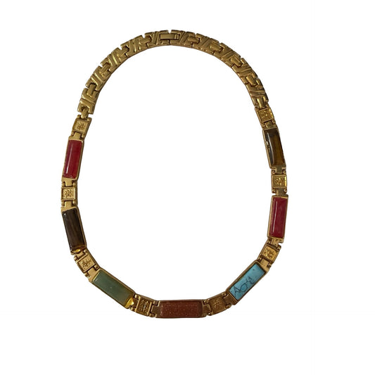 Vintage Chinese Good Fortune Necklace Multicolor Stone Look Gold Tone 16 Inch