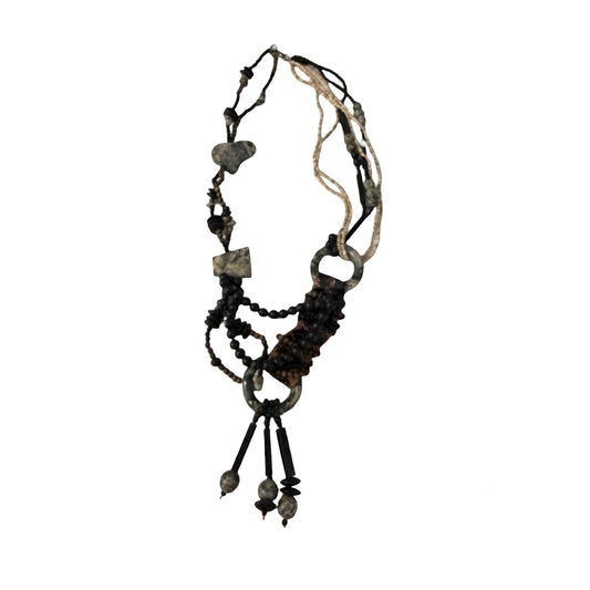 Vintage Boho Statement Necklace Mixed Media Beaded Fringe Tribal Style 26”