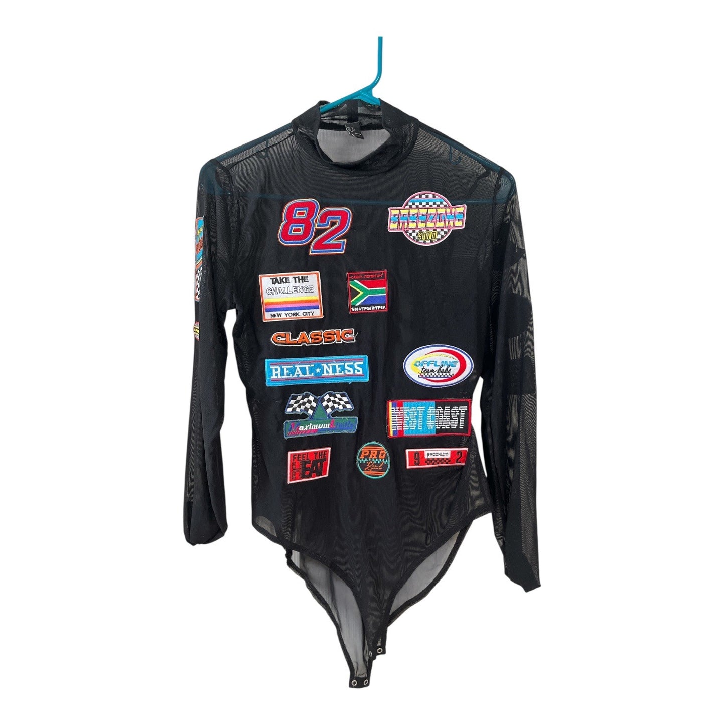 Forever 21 Sheer Mesh Patch Bodysuit Long Sleeve Graphic Racing Style Size L