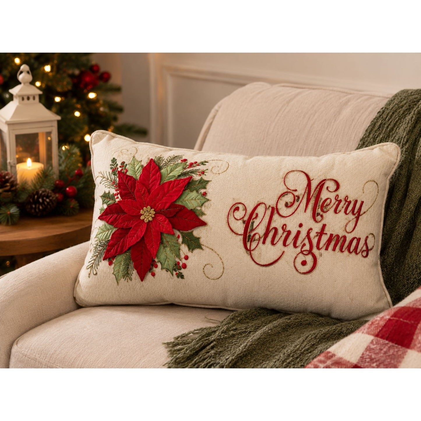 Platypus Home Merry Christmas Poinsettia Lumbar Throw Pillow Embroidered Holiday Accent